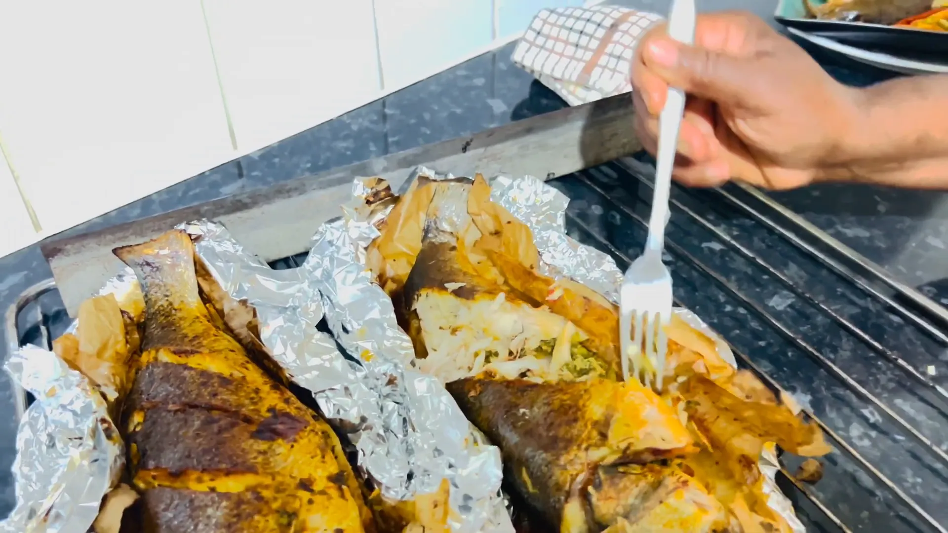 The finished oven roasted sea bass