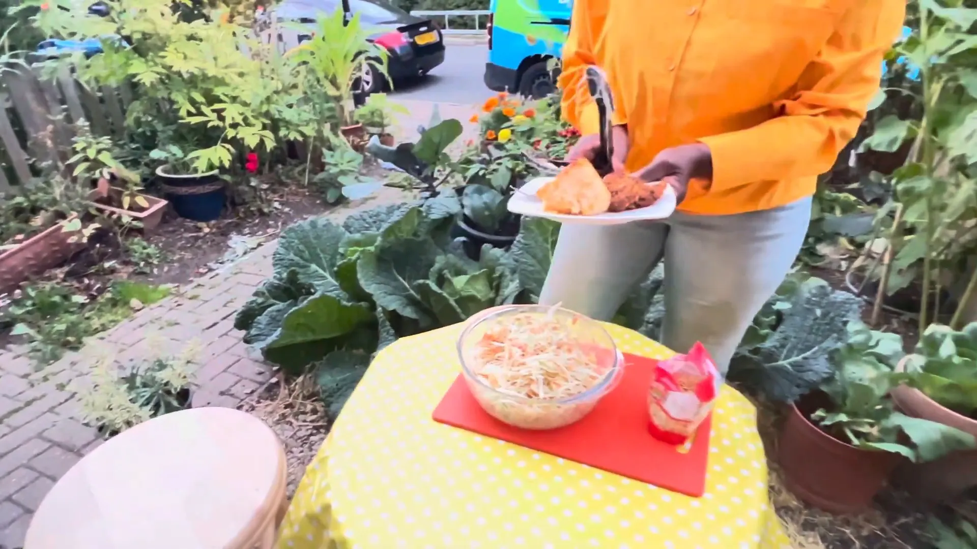 Adding almond flakes to the coleslaw