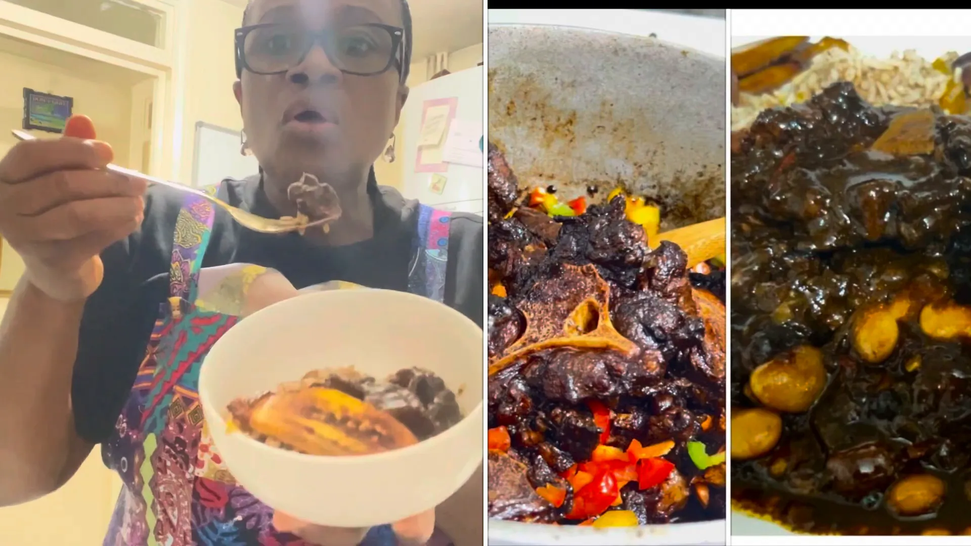 Serving the finished oxtail stew with rice and peas
