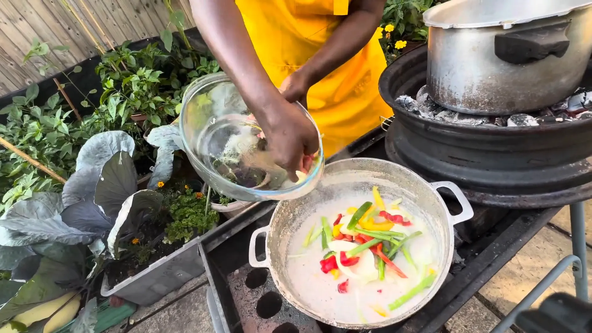 Simmering coconut milk with vegetables