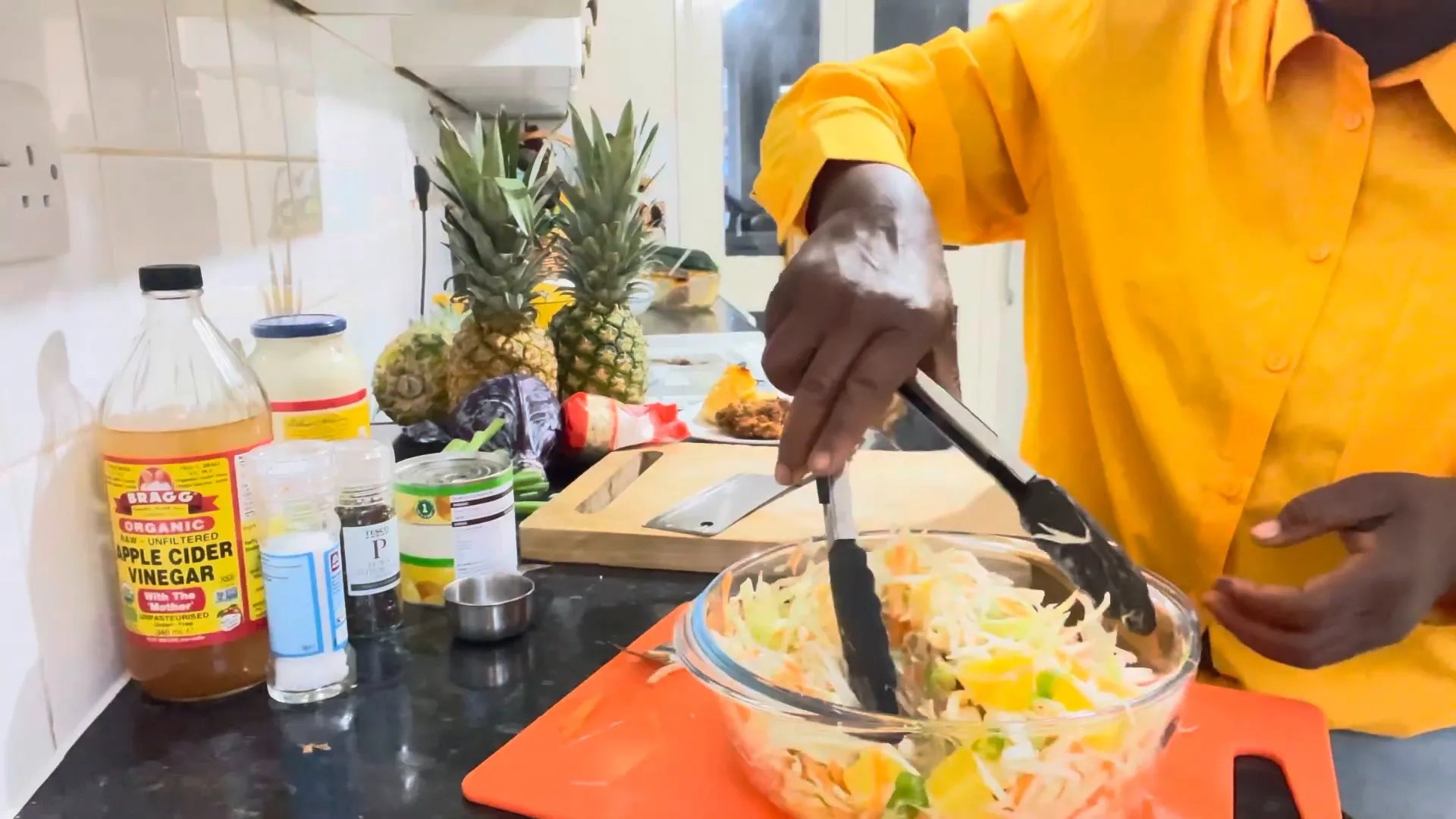 Mixing the coleslaw ingredients