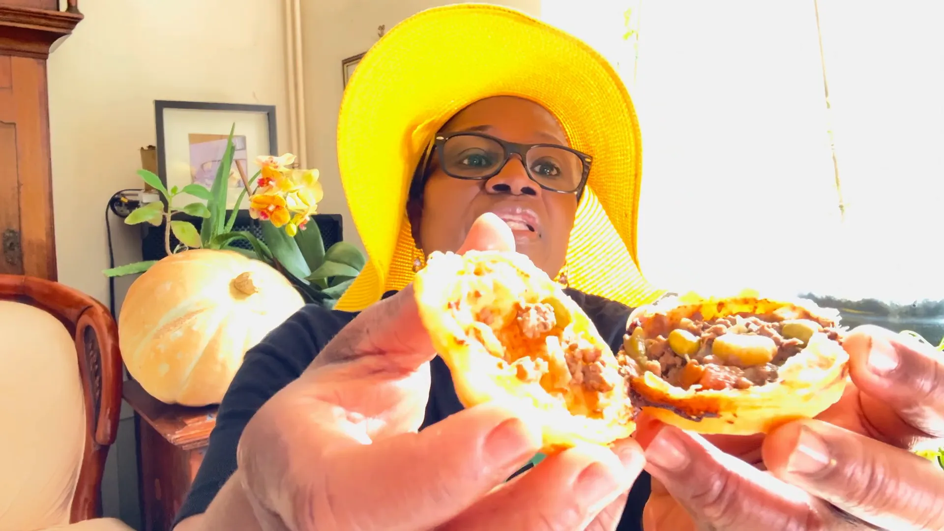 Donna showing the chayote pie filling