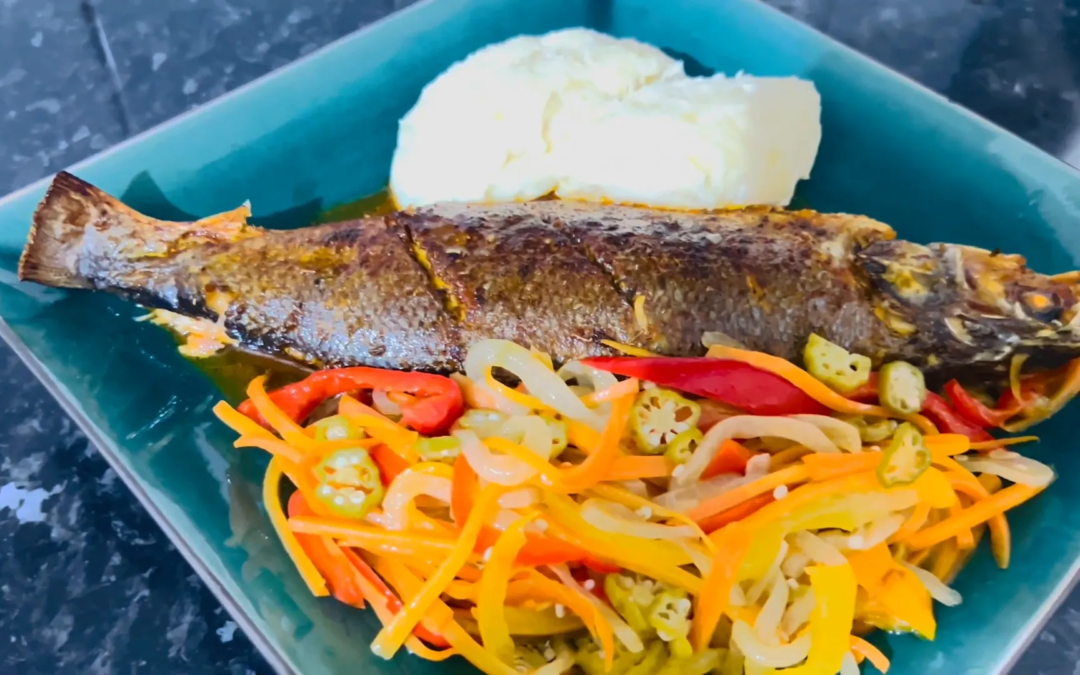 Oven Roasted Sea Bass Stuffed with Salmon and Callaloo