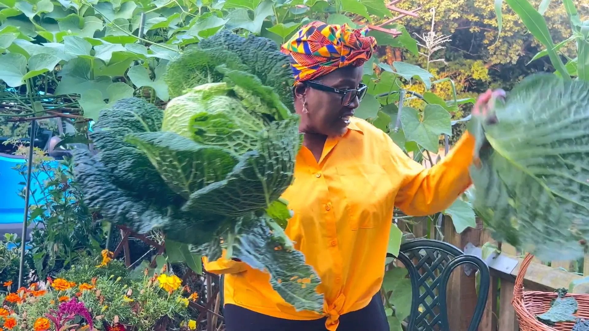Donna demonstrating how to protect cabbages with nets